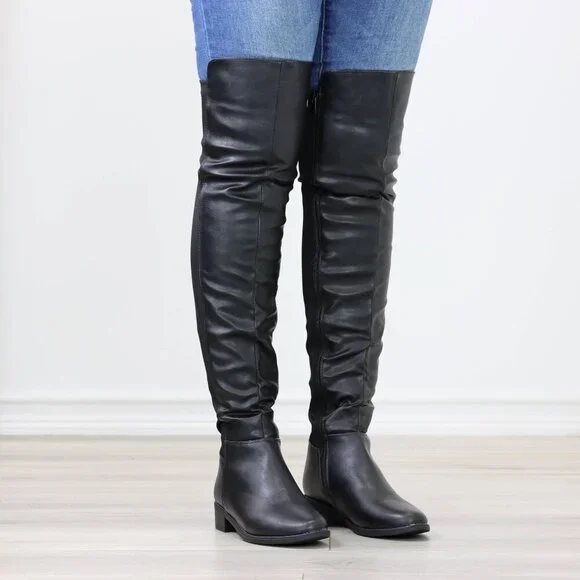 Low Heel Thigh High Boots Over The Knee Faux Leather & Stretchy Material Mix - Picture 10 of 15